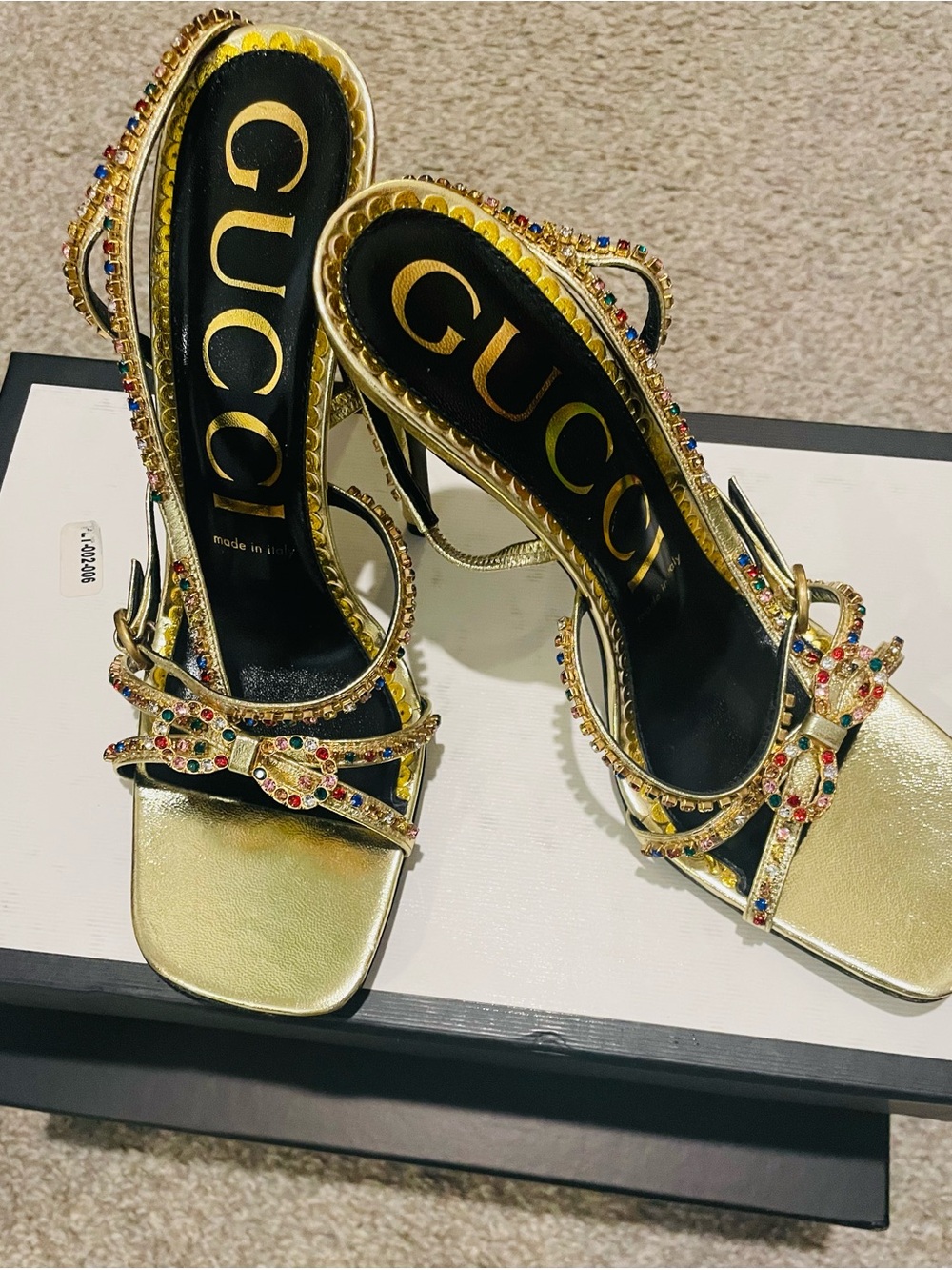 Gucci Gold Jeweled Bow-Strap High Heel Sandals - Picture 5 of 9
